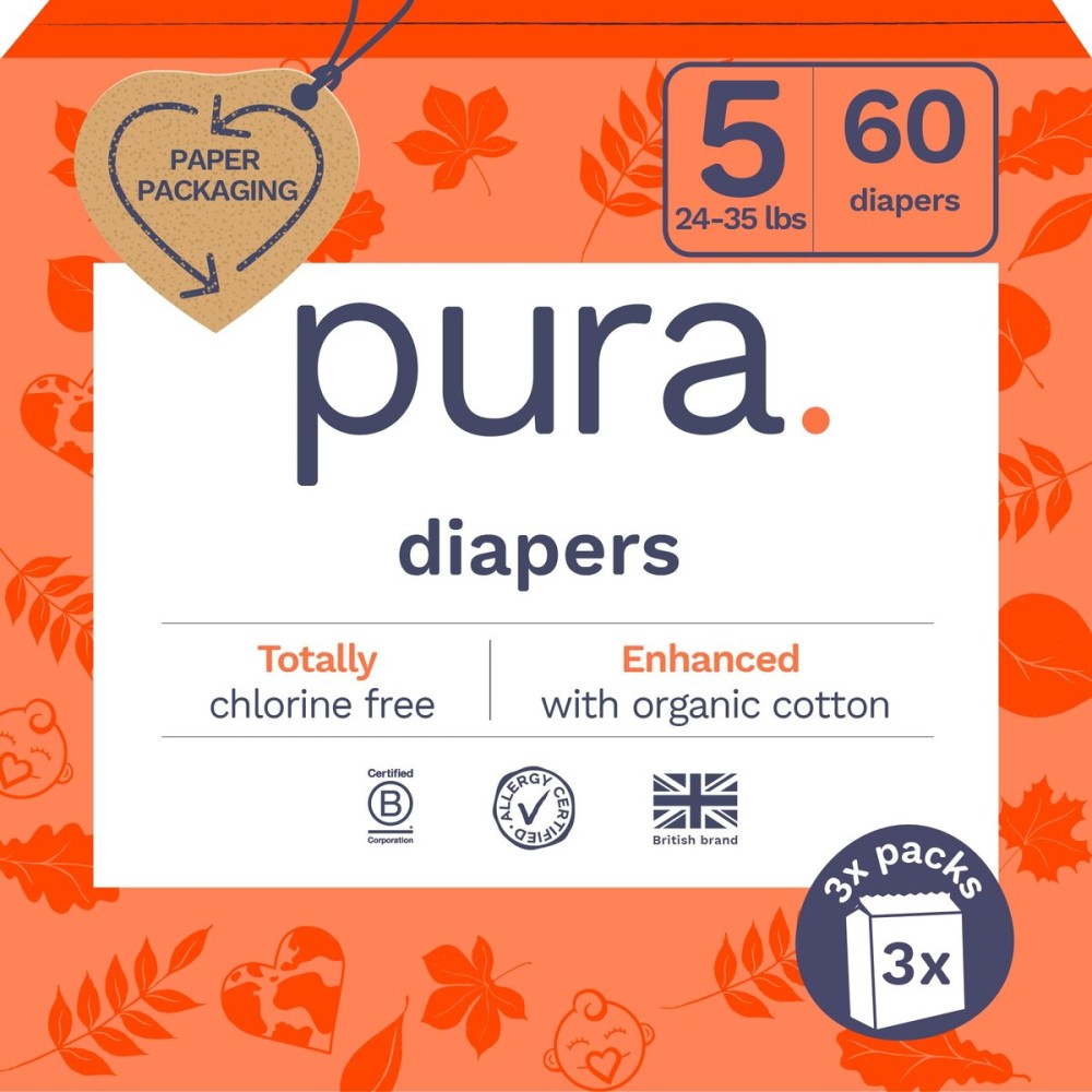 Pura Size 5 Eco-Friendly Diapers (24-35 lbs) Totally Chlorine Free (TCF) Hypoallergenic, Soft Organic Cotton, up to 12 Hours Leak Protection, Allergy UK, 3 Packs of 20 (60 Count)