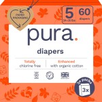 Pura Size 5 Eco-Friendly Diapers (24-35 lbs) Totally Chlorine Free (TCF) Hypoallergenic, Soft Organic Cotton, up to 12 Hours Leak Protection, Allergy UK, 3 Packs of 20 (60 Count)