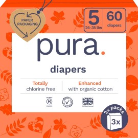 Pura Size 5 Eco-Friendly Diapers (24-35 lbs) Totally Chlorine Free (TCF) Hypoallergenic, Soft Organic Cotton, up to 12 Hours Leak Protection, Allergy UK, 3 Packs of 20 (60 Count)