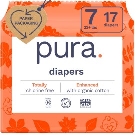 Pura Size 7 Eco-Friendly Diapers (33+lbs) Totally Chlorine Free (TCF) Hypoallergenic, Soft Organic Cotton Comfort, Sustainable, up to 12 Hours Leak Protection, Allergy UK,1 Pack of 17 Diapers