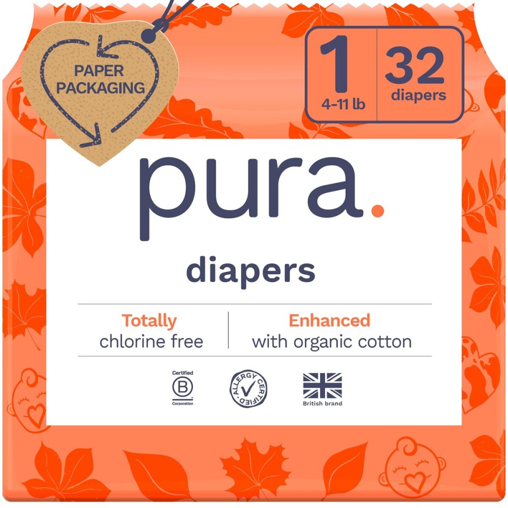 Pura Hypoallergenic Diapers, Size 1 (4-11 lbs), Newborn, Totally Chlorine Free, Wetness Indicator, Suitable for Sensitive Skin, Soft Organic Cotton Comfort, Overnight, 1 Pack of 32 Baby Diapers