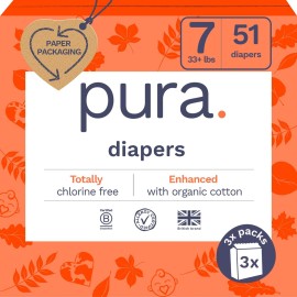 Pura Size 7 Eco-Friendly Diapers (33+lbs) Totally Chlorine Free (TCF) Hypoallergenic, Soft Organic Cotton, Sustainable, up to 12 Hours Leak Protection, Allergy UK, 3 Packs of 17 (51 Diapers)