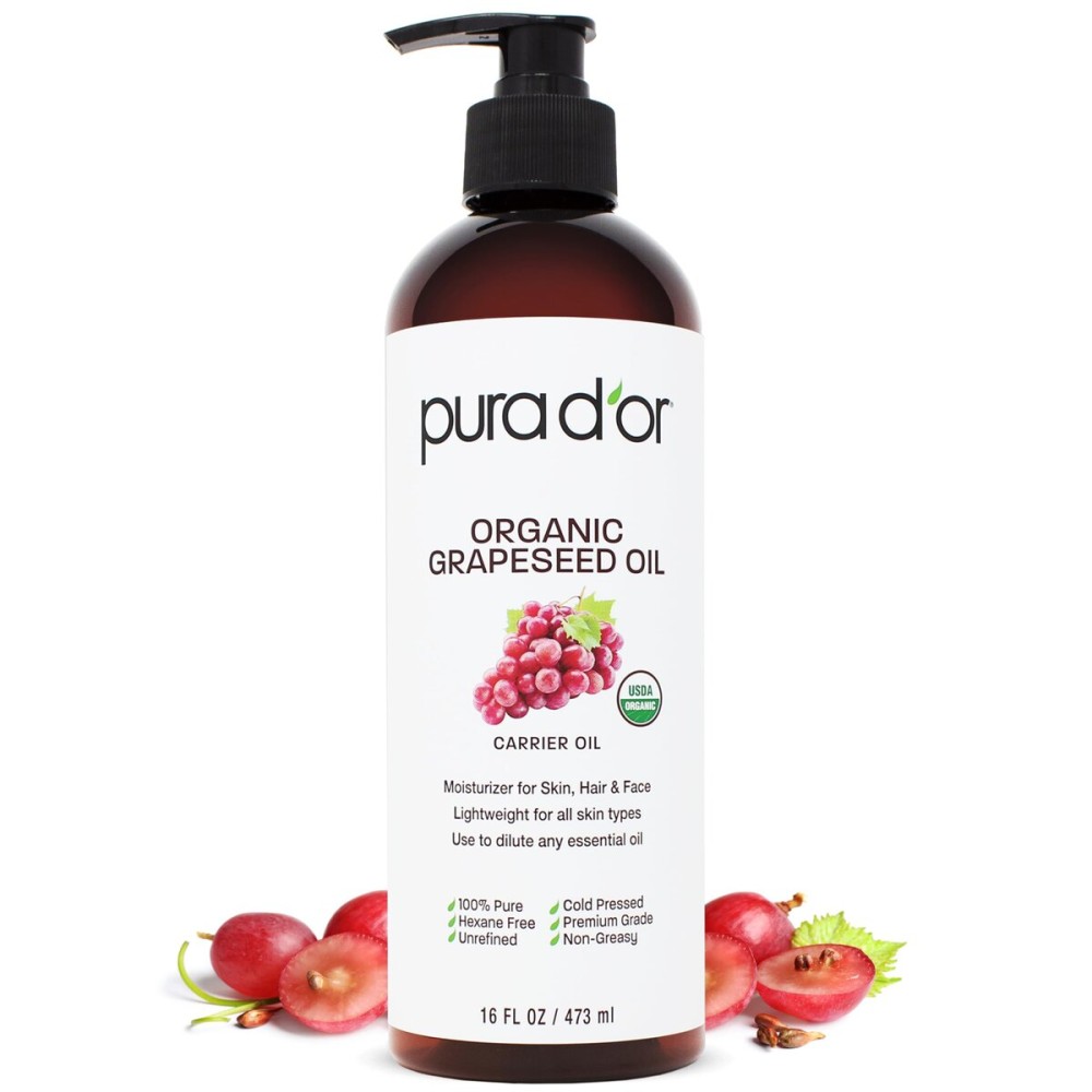 PURA D\'OR 16 Oz Organic Grapeseed Oil - 100% Pure & Natural USDA Certified Cold Pressed Carrier Oil - Light & Silky, Unscented, Hexane Free Liquid Moisturizer - Face Skin & Hair - Men & Women