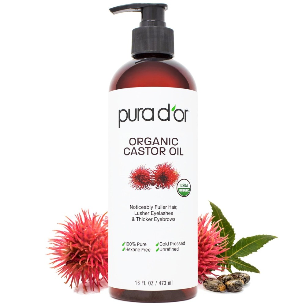 PURA D\'OR 16 Oz Organic Castor Oil - Pure Cold-Pressed Hexane-Free USDA Certified - Lashes Brows Hair Scalp Skin - Botanical Moisturizer for Softness Strength Hydration Shine Radiance - Bulk Size