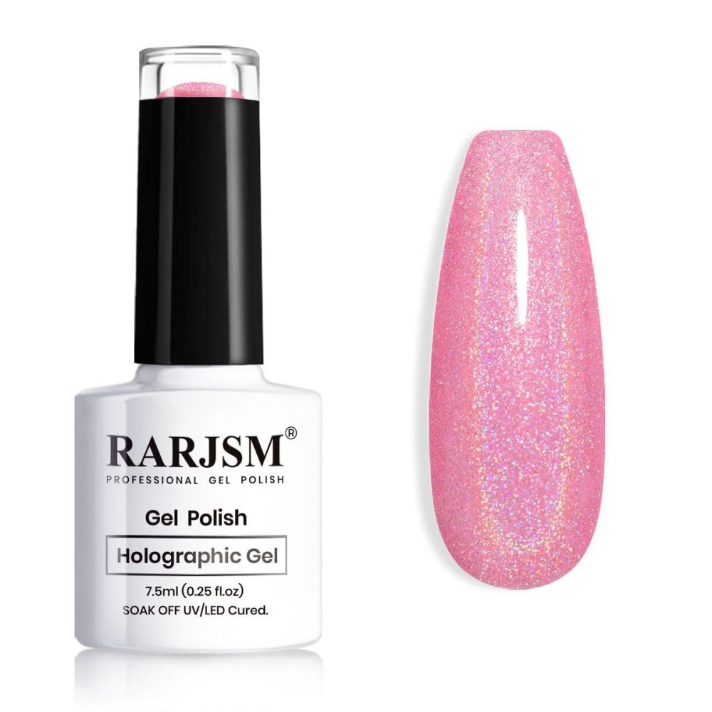 RARJSM Hot Pink Holographic Gel Nail Polish Rainbow Glitter Reflective Iridescent Gel Polish Curing Required Unicorn Mirror Chrome Laser Effect Soak off for Summer DIY Salon Home Manicure 7.5ML