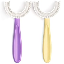 YOTEE U-Shaped Toothbrush Kids 2 PCS - Toddler Toothbrush with Food Grade Soft Silicone Brush Head, Manual Whole Mouth Tooth Brush for Kids Age 6-12(Purple+Yellow)