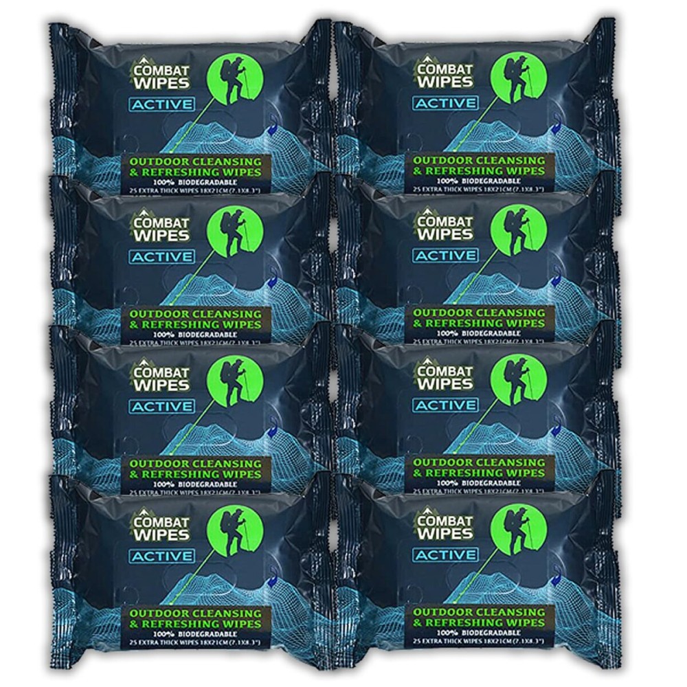 Combat Wipes ACTIVE Outdoor Wet Wipes - Extra Thick Camping Gear, Biodegradable, Body & Hand Cleansing/Refreshing Cloths for Backpacking & Gym w/Natural Aloe & Vitamin E (8 pack, 200 Wipes)