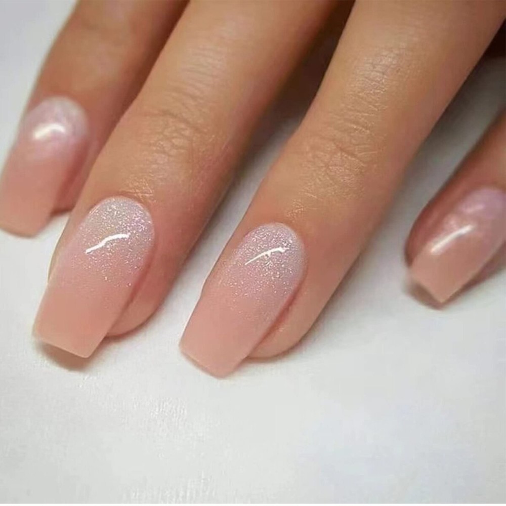 DANMANR Square Press on Nails Short Fake Nails French Acrylic Full Cover False Nails for Women and Girls 24PCS (Gradient peach bling)