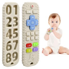 Teething Relief Teethers Toys for Babies 3-6-12 Months Gifts, Food Grade Silicone Sensory Remote Control Baby Teether Bath Toys for 9 18 Months Newborn Infant Boy Girl Autism, Beige