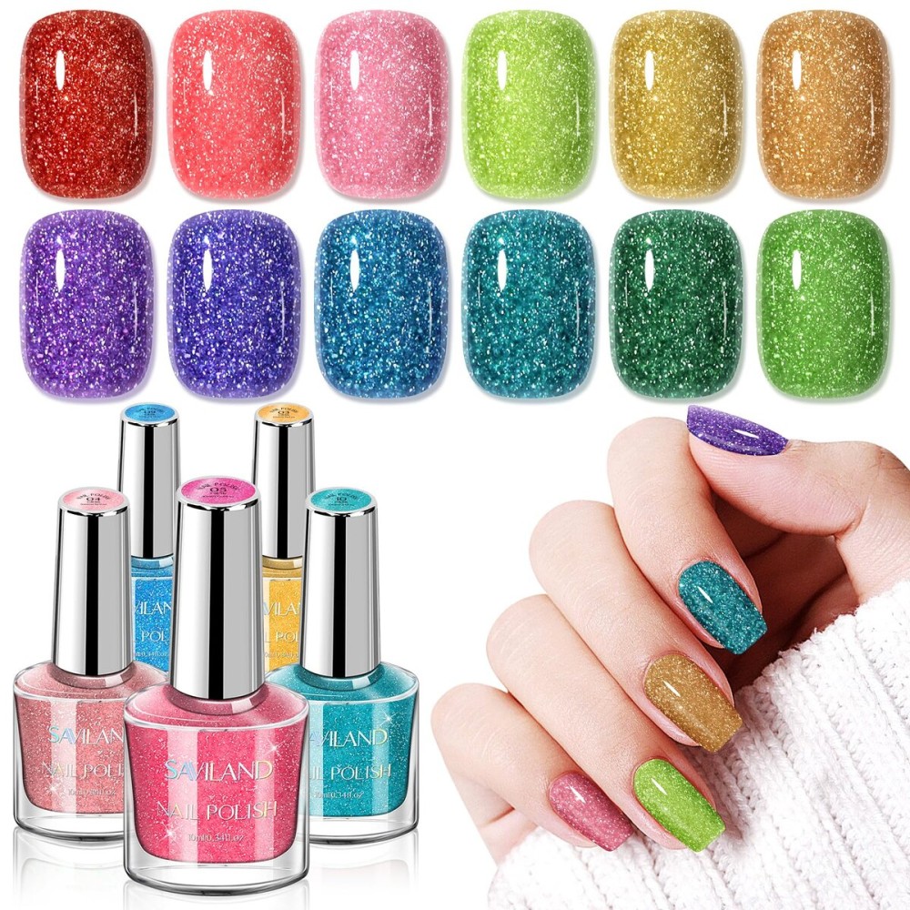 SAVILAND Glitter Nail Polish Set: Air Quick Dry Nail Polish Non Gel with Base-Top Polish Dual Unique Shimmer Holographic Nail Lacquer Gift for Beginner Fingernail Toenail Manicure Art 12 Color