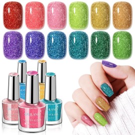 SAVILAND Glitter Nail Polish Set: Air Quick Dry Nail Polish Non Gel with Base-Top Polish Dual Unique Shimmer Holographic Nail Lacquer Gift for Beginner Fingernail Toenail Manicure Art 12 Color