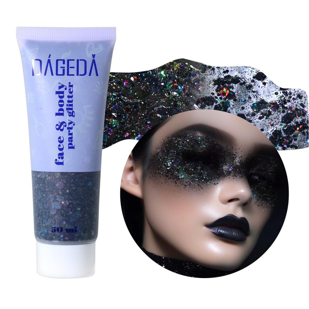 DAGEDA Body Glitter Gel, Face Glitters Body Gel Sequins Shimmer Liquid Eyeshadow, Chunky Glitter for Face Hair Nails, Holographic Cosmetic Laser Powder Festival Glitter Makeup 1.7oz (Black)