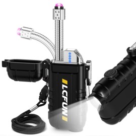 LcFun USB C Rechargeable Electric Lighter, Waterproof Plasma Lighters with LED Battery Display, Windproof Long Arc Lighters for Candle, Camping, Hiking, Outdoor Survival Gadgets for Men