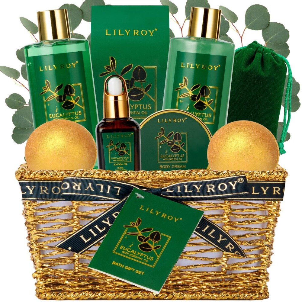 Bath and Body Gift Basket for Christmas - 10-Piece Eucalyptus Luxury Spa Set for Women & Men, Relaxation Ideal for Mothers Day, Fathers Day, Birthday with Shower Gel & More for Her & Him