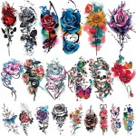 77 Sheets Temporary Tattoo, 17 Sheets Half Arm Flower Rose Skull Butterfly Snake Fake Tattoos for Adults, 60 Sheets Tiny Waterproof Temporary Tattoos Body Art Sticker Realistic for Women Girls or Kids
