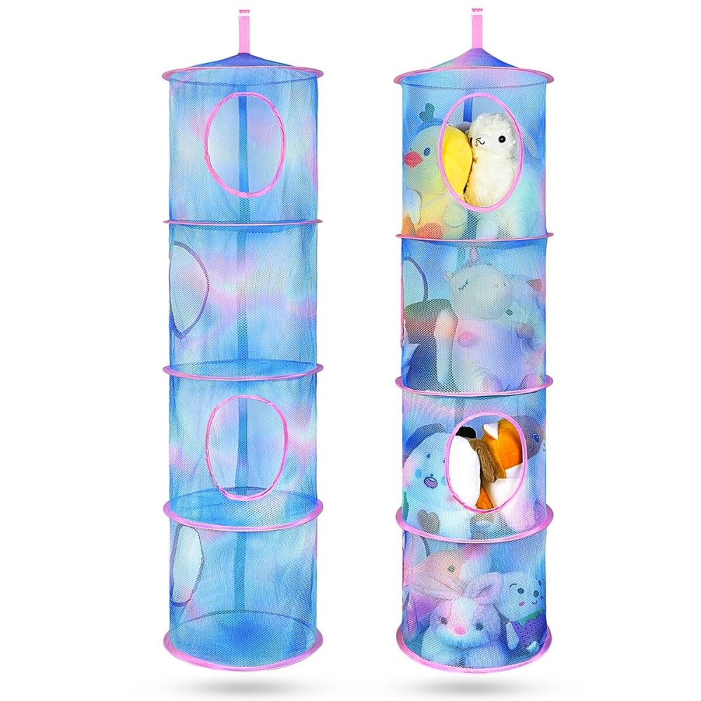 Basumee Stuffed Animals Net or Hammock 2 Pcs Stuffed Animals Storage Toy Net Hammock for Plushies Storage Organizer Mesh Kids Girls Room Decor, Blue Teal, 4 Tiers