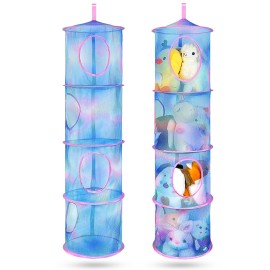 Basumee Stuffed Animals Net or Hammock 2 Pcs Stuffed Animals Storage Toy Net Hammock for Plushies Storage Organizer Mesh Kids Girls Room Decor, Blue Teal, 4 Tiers