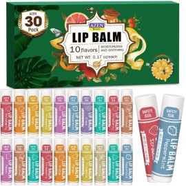 AZEN 30 Pack Lip Balm, Natural Lip Balm Bulk, Lip Care Product, Moisturizing Lip Balms for dry cracked lips - 10 Flavors