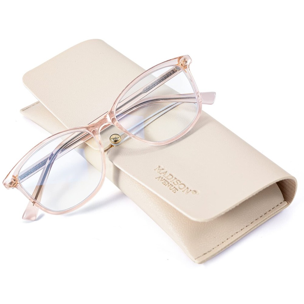 Madison Avenue Square Vintage TR90 Blue Light Blocking Reading Glasses for Women with Case, Anti Glare/Eyestrain Computer Readers Transparent Brown +3.5