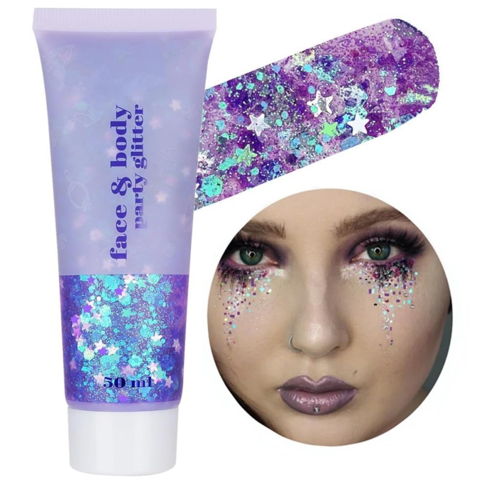 Go Ho Mermaid Purple Face Body Glitter Gel,Holographic Purple Hair Glitter,Mardi Gras Outfit for Women Kids,Chunky Sequins Glitters for Eye Lip Nails,Festival Rave Accessories