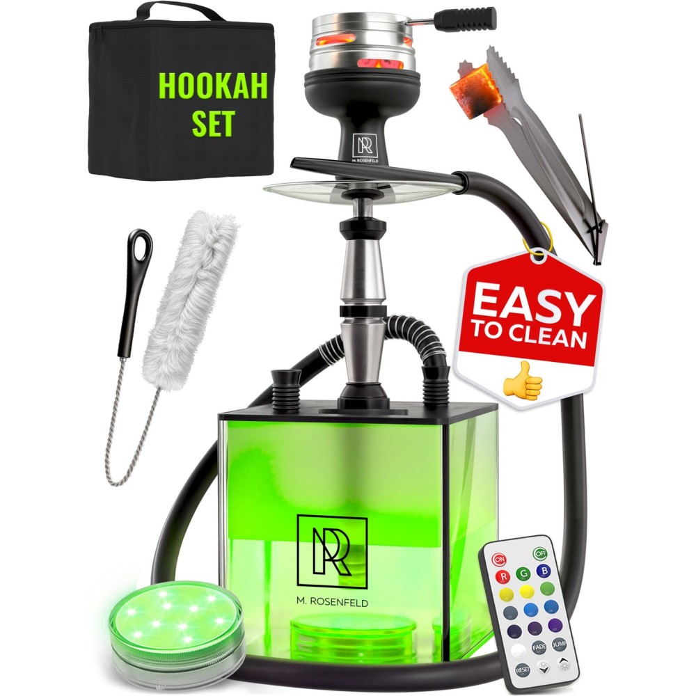 Hookah Set With Everything - YADO Square Hookahs To Go with Hookah Charcoal Holder & Amazing Led Light Remote & Big Black Silicone Sisha Bowl for smoking and Bag for Big Hookah Set - Shisha Hooka