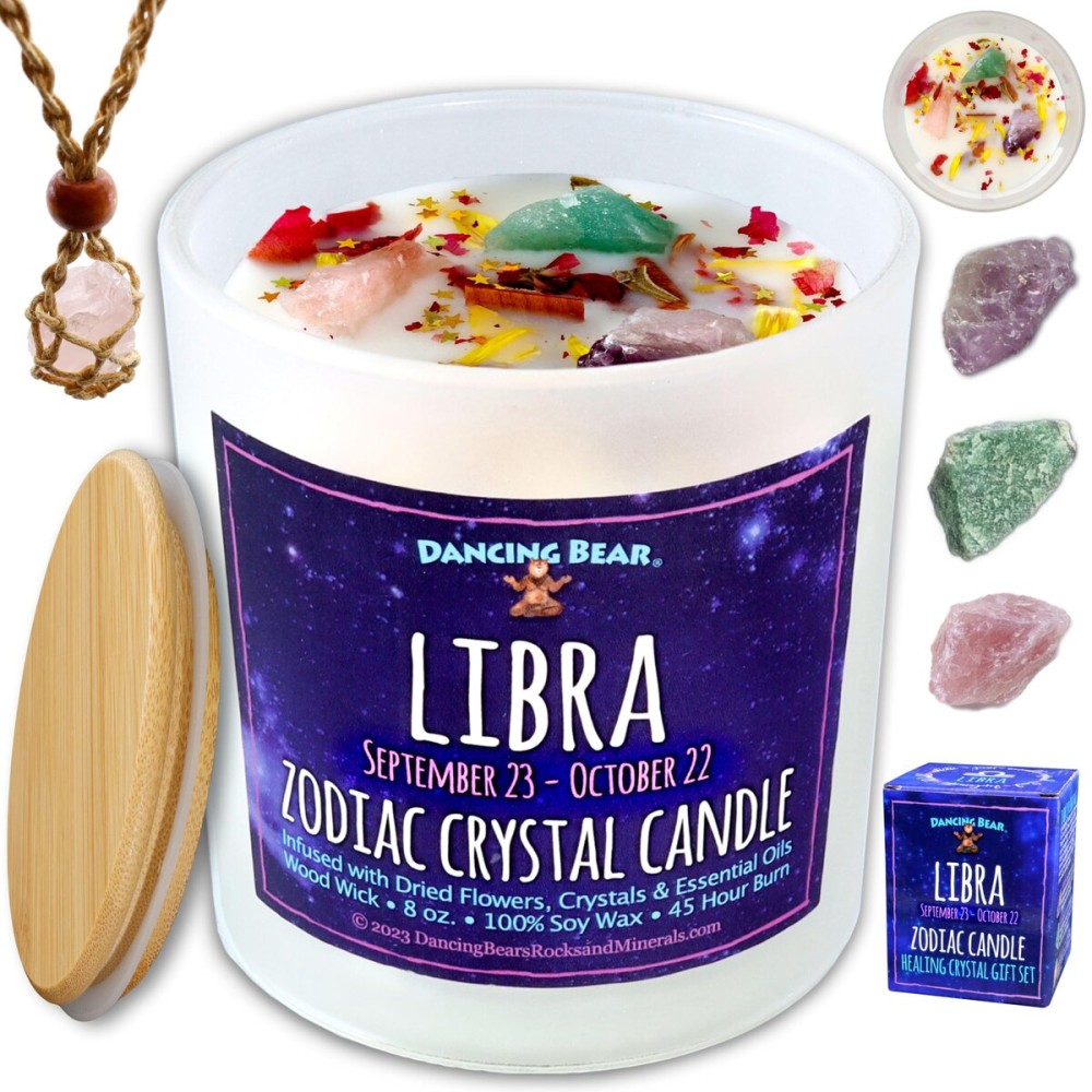 DANCING BEAR Libra Zodiac Candle Gift Box Set with 3 Healing Crystals & Stone Holder Necklace, 100% Soy Scented Wax, Crackling Wood Wick, 45 Hour Burn Time
