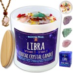 DANCING BEAR Libra Zodiac Candle Gift Box Set with 3 Healing Crystals & Stone Holder Necklace, 100% Soy Scented Wax, Crackling Wood Wick, 45 Hour Burn Time