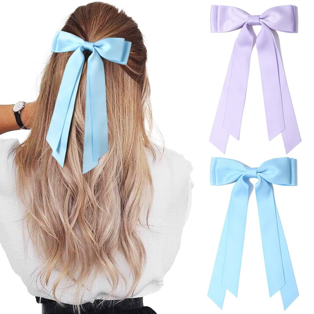 Aileam 2PCS Silky Satin Hair Bows Hair Clip Blue Purple Hair Ribbon Ponytail Holder Accessories Slides Metal Clips Hair Bow for Women Girls Toddlers Teens Kids