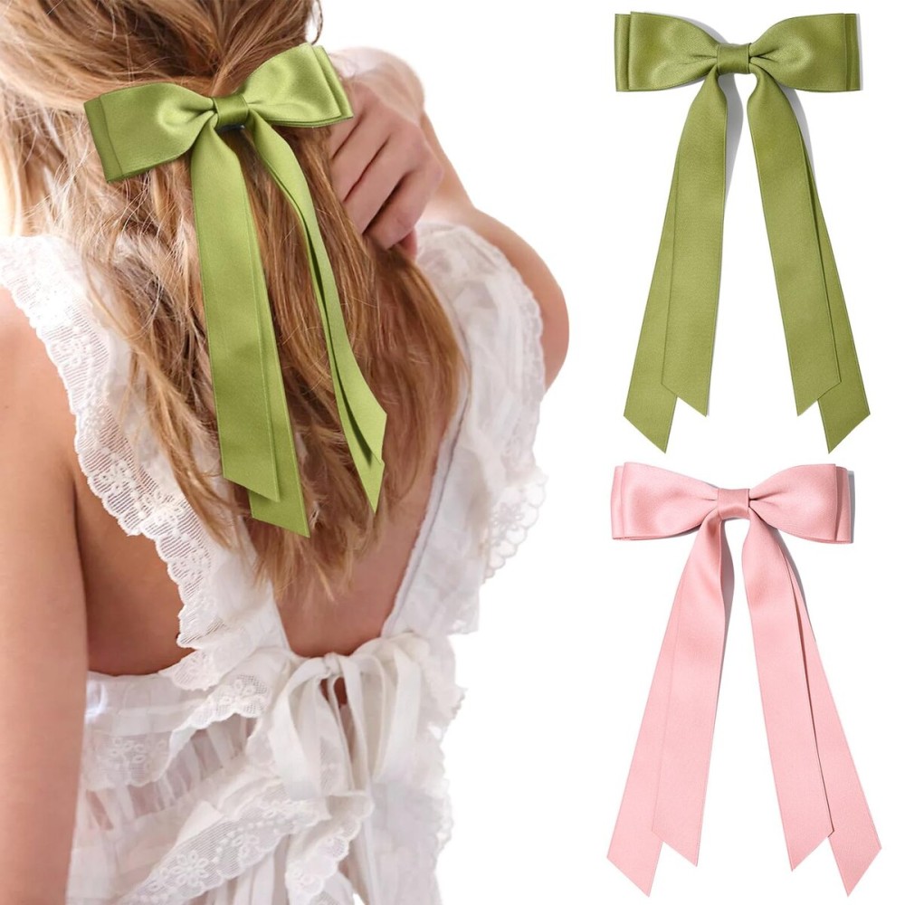 2PCS Silky Satin Hair Bows Hair Clip Pink Green Hair Ribbon Ponytail Holder Accessories Slides Metal Clips Hair Bow for Women Girls Toddlers Teens Kids