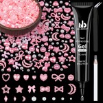 600Pcs 3D Multi Shapes Nail Charms and Flatback Pearls, Pink&White Mix Styles Heart Star Bow Sunflower Embellishments for Nail Art, Craft and Decoration with Glue Gel, Tweezer and Pickup Pencil