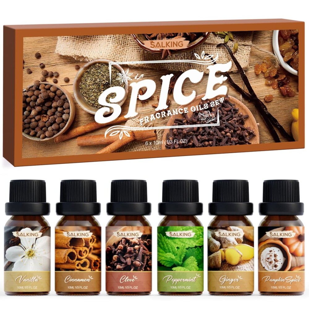 SALKING Spice Essential Oils, Premium Fragrance Oil for Diffuser, Scented Oil Gift Set for Soap Candle Making - Cinnamon, Clove, Vanilla, Pumpkin Spice, Peppermint, Ginger