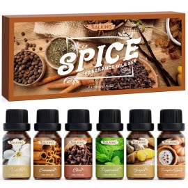 SALKING Spice Essential Oils, Premium Fragrance Oil for Diffuser, Scented Oil Gift Set for Soap Candle Making - Cinnamon, Clove, Vanilla, Pumpkin Spice, Peppermint, Ginger