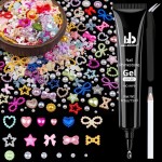 600Pcs 3D Multi Shapes Nail Charms and Flatback Pearls, Colorful&White Mix Styles Heart Star Bow Sunflower Embellishments for Nail Art, Craft and Decoration with Glue Gel, Tweezer and Pickup Pencil