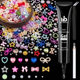 600Pcs 3D Multi Shapes Nail Charms and Flatback Pearls, Colorful&White Mix Styles Heart Star Bow Sunflower Embellishments for Nail Art, Craft and Decoration with Glue Gel, Tweezer and Pickup Pencil