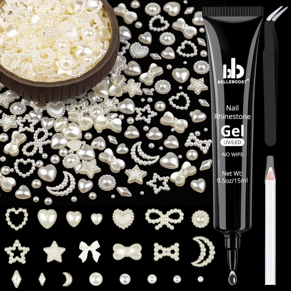 600Pcs 3D Multi Shapes Nail Charms and Flatback Pearls, Beige Mix Styles Heart Star Bow Sunflower Embellishments for Nail Art, Craft and Decoration with Glue Gel, Tweezer and Pickup Pencil