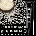 600Pcs 3D Multi Shapes Nail Charms and Flatback Pearls, Beige Mix Styles Heart Star Bow Sunflower Embellishments for Nail Art, Craft and Decoration with Glue Gel, Tweezer and Pickup Pencil