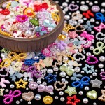 600Pcs 3D Multi Shapes Nail Charms and Flatback Pearls, Colorful&White Mix Styles Heart Star Bow Sunflower Embellishments for Nail Art, Craft and Decoration with Tweezer and Pickup Pencil