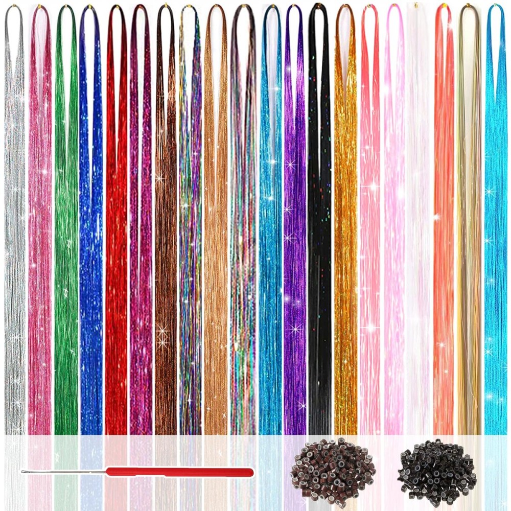 Hair Tinsel Kit (48 Inch, 20 Colors, 6000 Strands), Glitter Tinsel Hair Extensions with Tools - Fairy Hair Tinsel Heat Resistant Accessories for Women Girls Kids