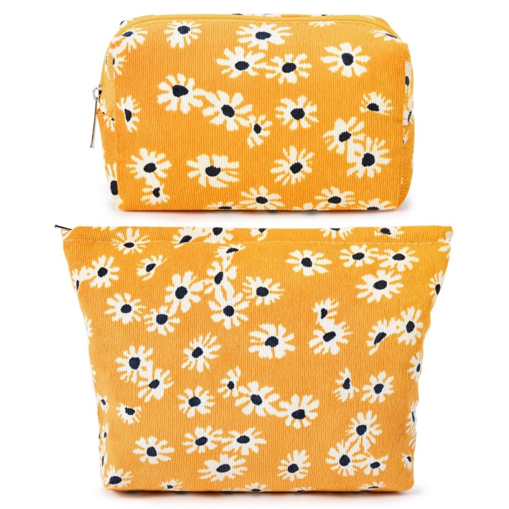 SOIDRAM 2 Pieces Flower Makeup Bag Large Cosmetic Bag Capacity Canvas Mix Travel Toiletry Bag Organizer Cute Makeup Brushes Aesthetic Accessories Storage Bag for Women,Little Flower Mix Yellow