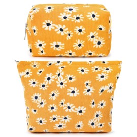 SOIDRAM 2 Pieces Flower Makeup Bag Large Cosmetic Bag Capacity Canvas Mix Travel Toiletry Bag Organizer Cute Makeup Brushes Aesthetic Accessories Storage Bag for Women,Little Flower Mix Yellow
