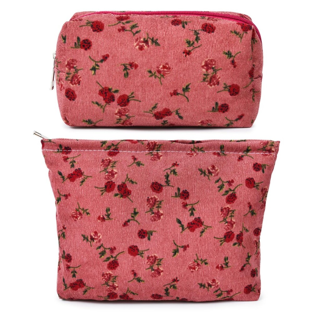 SOIDRAM 2 Pieces Rose Makeup Bag Large Cosmetic Bag Capacity Canvas Mix Travel Toiletry Bag Organizer Cute Makeup Brushes Aesthetic Accessories Storage Bag for Women, Rose Mix Green Red