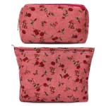 SOIDRAM 2 Pieces Rose Makeup Bag Large Cosmetic Bag Capacity Canvas Mix Travel Toiletry Bag Organizer Cute Makeup Brushes Aesthetic Accessories Storage Bag for Women, Rose Mix Green Red