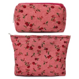 SOIDRAM 2 Pieces Rose Makeup Bag Large Cosmetic Bag Capacity Canvas Mix Travel Toiletry Bag Organizer Cute Makeup Brushes Aesthetic Accessories Storage Bag for Women, Rose Mix Green Red