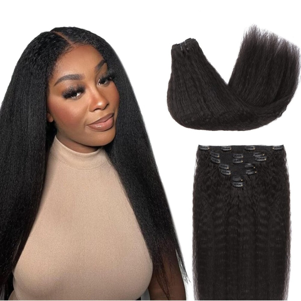 Lashey Kinky Straight Clip in Hair Extensions for Black Women, 18 Inch 7pcs 120g 1B Natural Black, Clip in Hair Extensions Real Human Hair Lace Clip Ins Thick Human Hair