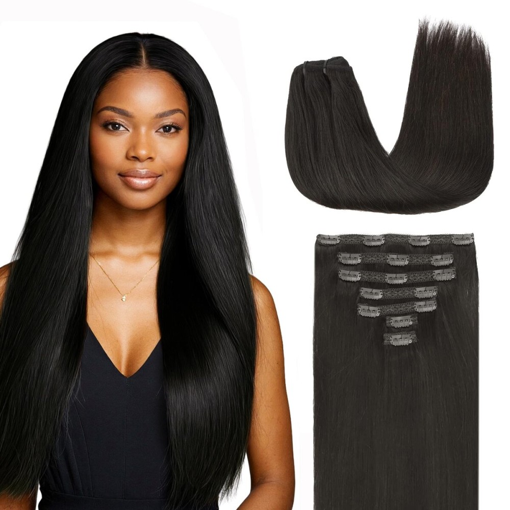 Lashey Clip in Hair Extensions Real Human Hair, 12 Inch 7pcs 120g 1B Natural Black, Straight Remy Human Hair Clip in for Black Women