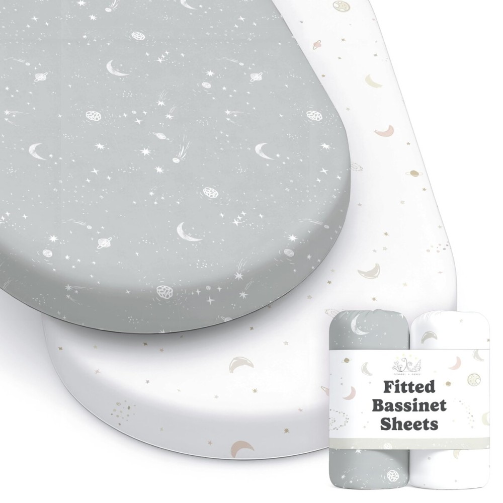 Baby Bassinet Sheets for Boy, Girl (Galaxy, Moon and Stars) 2-Pack - Fitted Bedside Bassinet Sheets - Buttery Soft Cotton Blend for Standard Mattress Pad - Compatible with Halo BassiNest