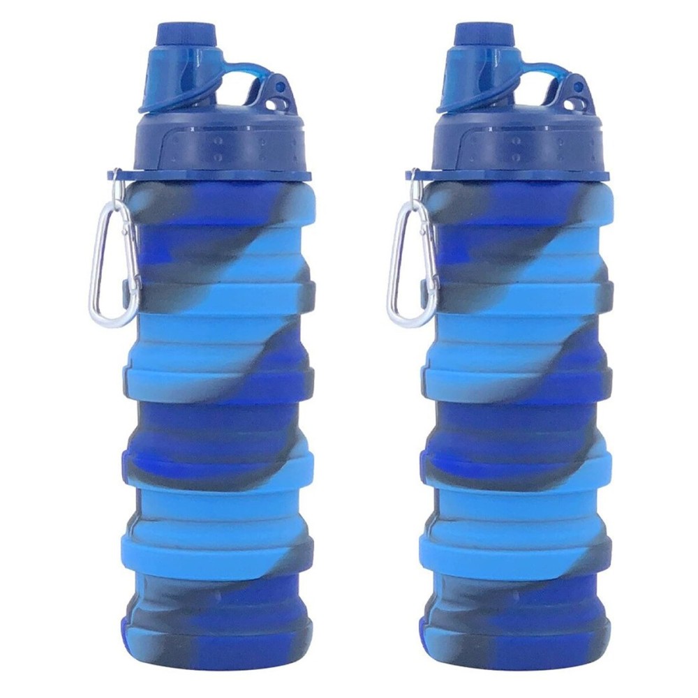 YCTMALL Collapsible Water Bottles Two Pack Travel Sports Portable Sport Water Bottle comes with mountaineering Buckle 500ml silicone Water-proof camping water bottle (Blue camouflage+Blue camouflage)