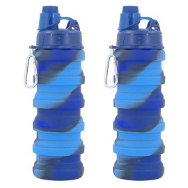 YCTMALL Collapsible Water Bottles Two Pack Travel Sports Portable Sport Water Bottle comes with mountaineering Buckle 500ml silicone Water-proof camping water bottle (Blue camouflage+Blue camouflage)