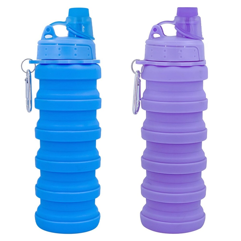 YCTMALL Collapsible Water Bottles Two Pack Travel Sports Portable Sport Water Bottle comes with mountaineering Buckle 500ml silicone Water-proof camping water bottle (Blue and Pueple Color)