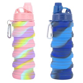 YCTMALL Collapsible Water Bottles Two Pack Travel Sports Portable Sport Water Bottle comes with mountaineering Buckle 500ml silicone Water-proof camping water bottle (Blue camouflage+Pink camouflage)